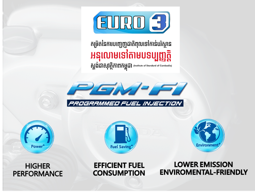 ​​​​​​ក្រុមហ៊ុន Honda បានប្រើប្រាស់បច្ចេកវិទ្យាម៉ាស៊ីនប៊ិចសាំង PGM-FI នេះ ដើម្បីផ្តល់ជូននូវដំណើរការម៉ាស៊ីនអោយកាន់តែប្រសើរ / ពន្យារភាពធន់របស់ម៉ាស៊ីនអោយប្រើប្រាស់បានកាន់តែយួរ / ធ្វើអោយការប្រើប្រាស់ប្រេងសាំងសន្សំសំចៃជាងមុន / ហើយសំខាន់បំផុតគឺអនុឡោមតាមគោលនយោបាយបរិស្ថានរបស់ប្រទេសកម្ពុជា នៃបទប្បញ្ញត្តិអំពីការបំភាយឧស្ម័ន Euro3  ដែលបានន័យថា ជួយរក្សាកំរិតជាតិពុល/ឬកាត់បន្ថយ ឧស្ម័ន្មកាបូន ក្នុងបរិយាកាស។