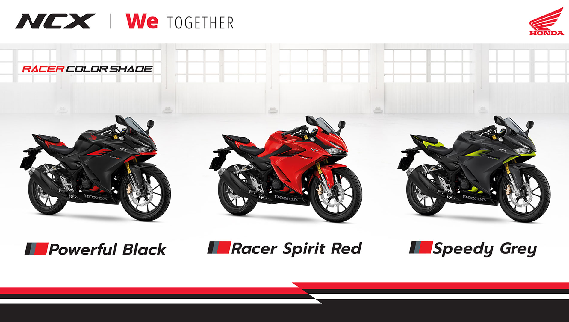 RACER COLOR SHADE:
NEW CBR150R មាន៣ពណ៌សម្រាប់ជ្រើសរើស ពណ៌ក្រហម ពណ៌ប្រផេះ និង ពណ៌ខ្មៅ សាកសមឥតខ្ចោះ។